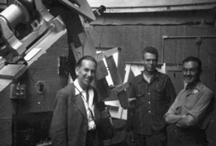 Bernard Lyot (left), the inventor of the coronagraph, visits the HAO installation on Fremont Pass during July 1946. Earlier that year, the efforts were formally incorporated in 'The High Altitude Observatory of Harvard College and the University of Colorado'. HAO's first two employees were John (Jack) Wainwright Evans Jr. (center) and Walt Roberts (right).