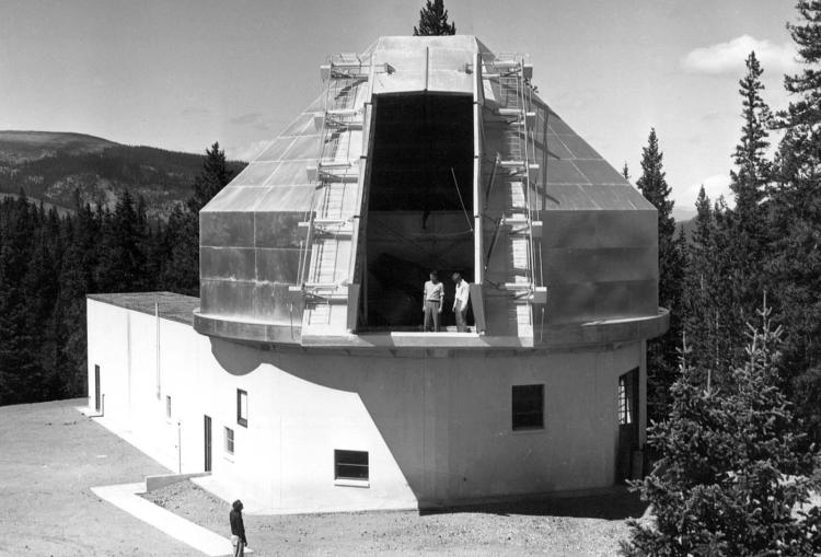 The new dome at Chalk Mountain was completed in 1954. The larger dome housed a 16 inch coronagraph and its associated spectrograph and magnetograph. The smaller dome contained the older 5-inch coronagraph and the H-alpha flare patrol telescope which operated constantly during clear daylight hours.