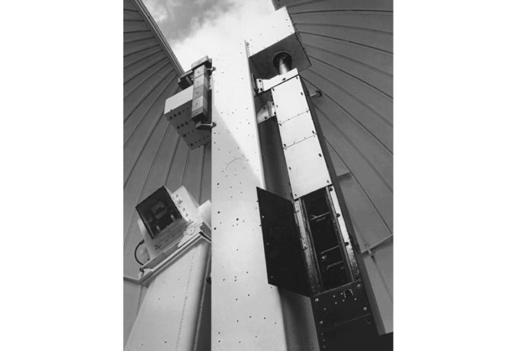 1965: An interior view of MLSO's dome showing the tracking spar holding the Mk1 instrument.