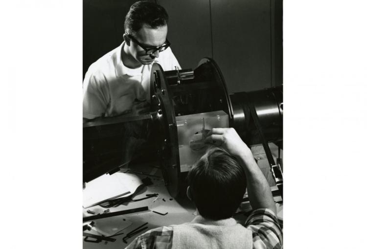 Roger Kopp and Jack Gosling working on an instrument for the 7 March, 1970 eclipse in San Carlos Yautepec, Mexico.