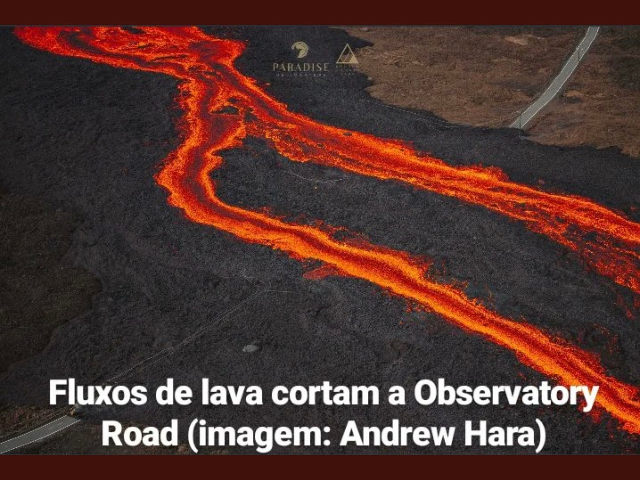 Helicopter view of the Mauna Loa lava flow over the access road.