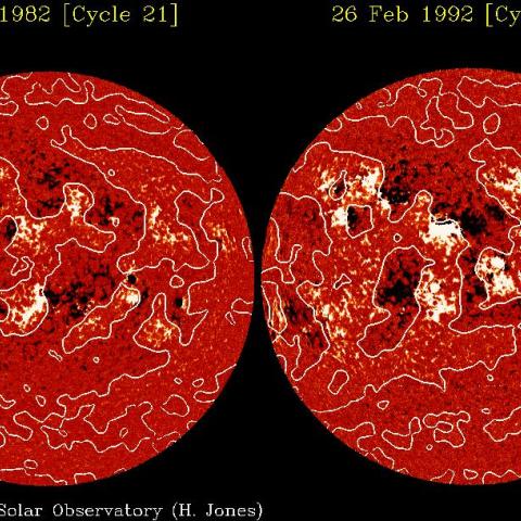 Two solar magnetograms taken in the descending phases of cycles 21 and 22