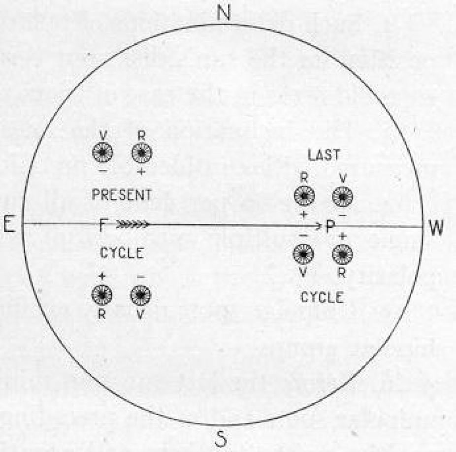 Diagram illustrating&nbsp;Hale's Polarity Law, which presents evidence for the existence of a well-organized large-scale magnetic field in the solar interior that cyclically changes polarity every 11 years or so